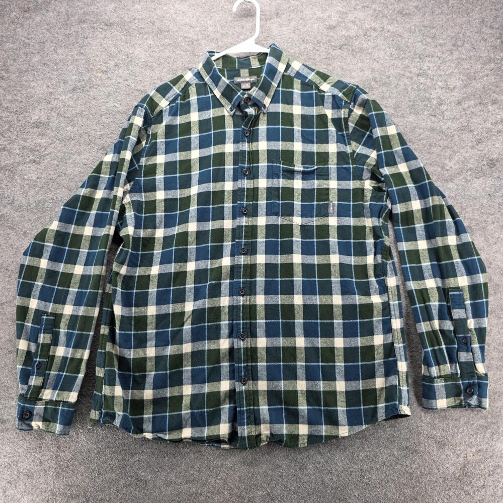 Eddie Bauer Shirt Mens Extra Large Tall Green Blue Plaid Flannel Button Front